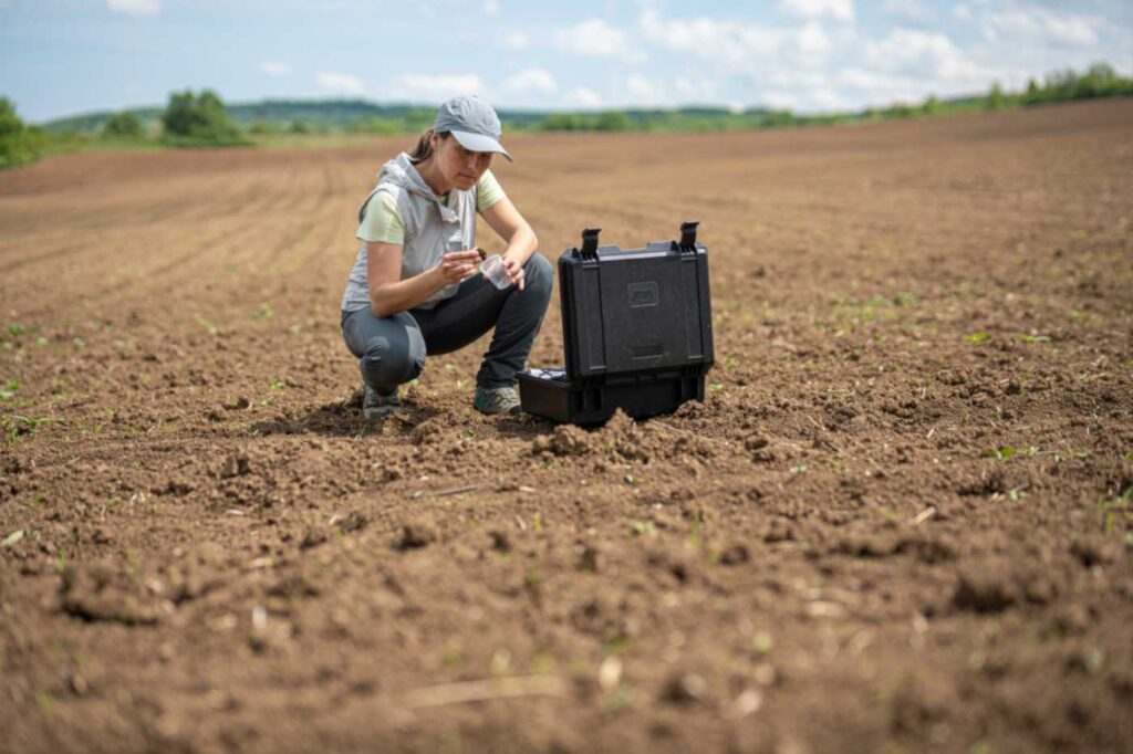Collecting soil samples from land for contamination testing in Raleigh, NC